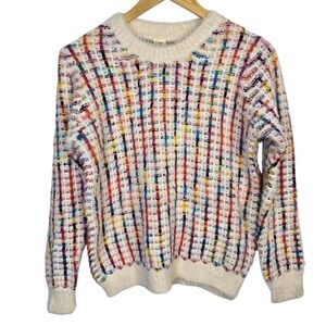 TR notes Womens S M Fuzzy Knit Multicolor Plaid Crewneck Sweater Acrylic